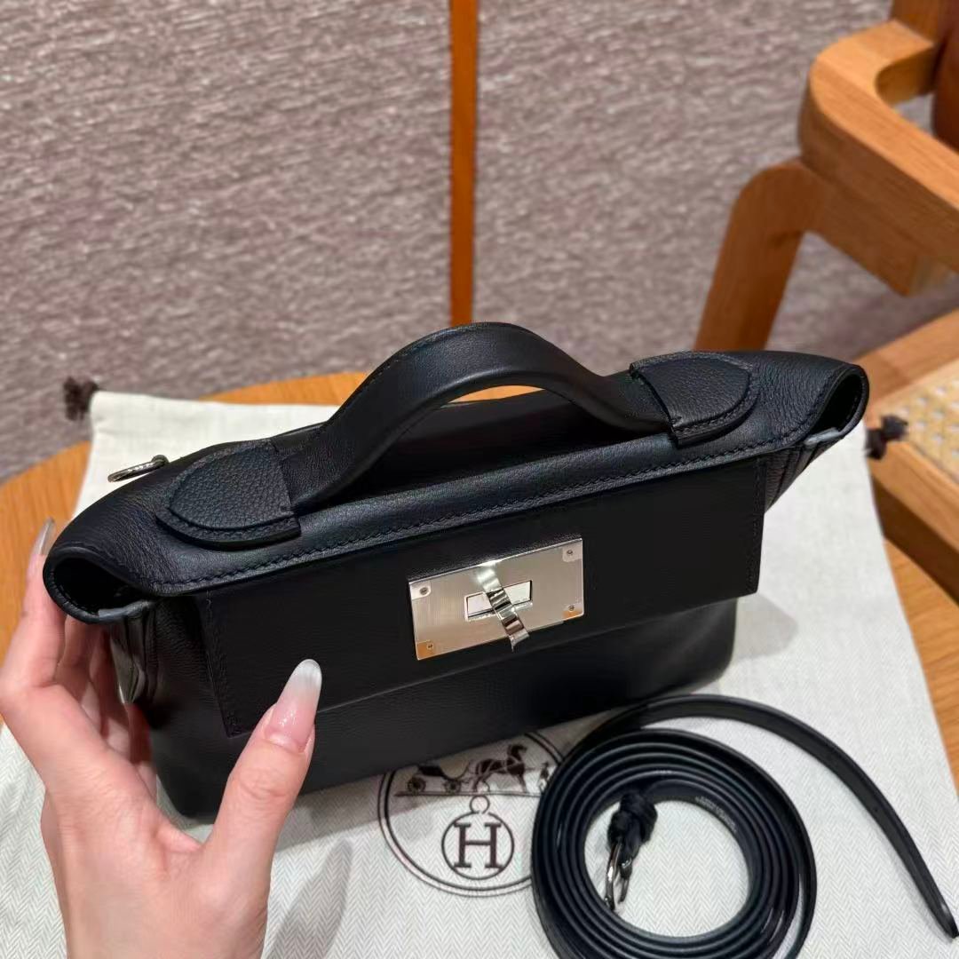 Women 24/24 Designer‑Style Bag, Swift & Taurillon Leather, Silver‑Tone Hardware, Black Top‑Handle Cross‑Body Purse - 图片 5