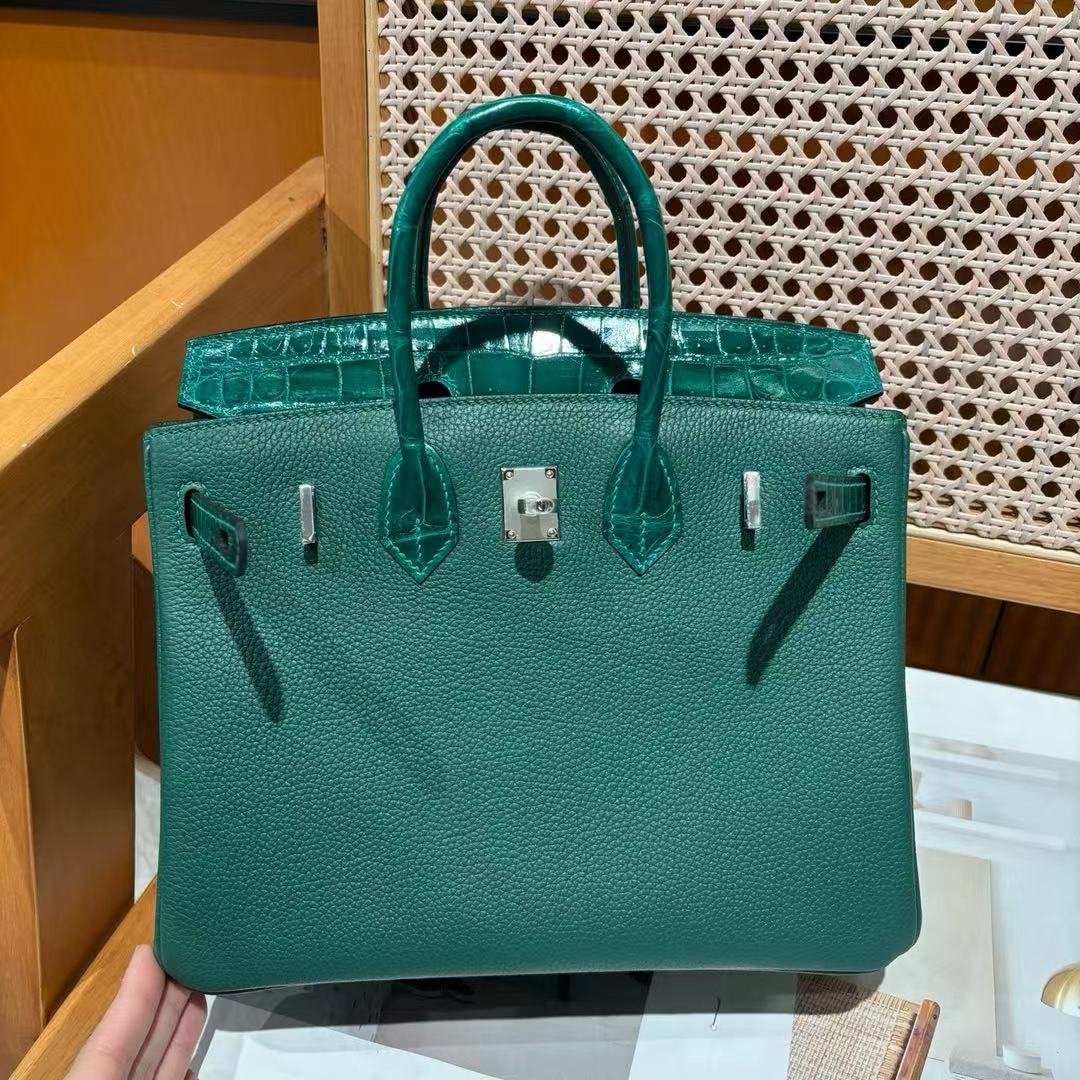 Women's Premium Cowhide Emerald Green Satchel Bag Crocodile Skin Detail Luxury Designer Inspired Birkin Handbag For Daily & Travel - 图片 2