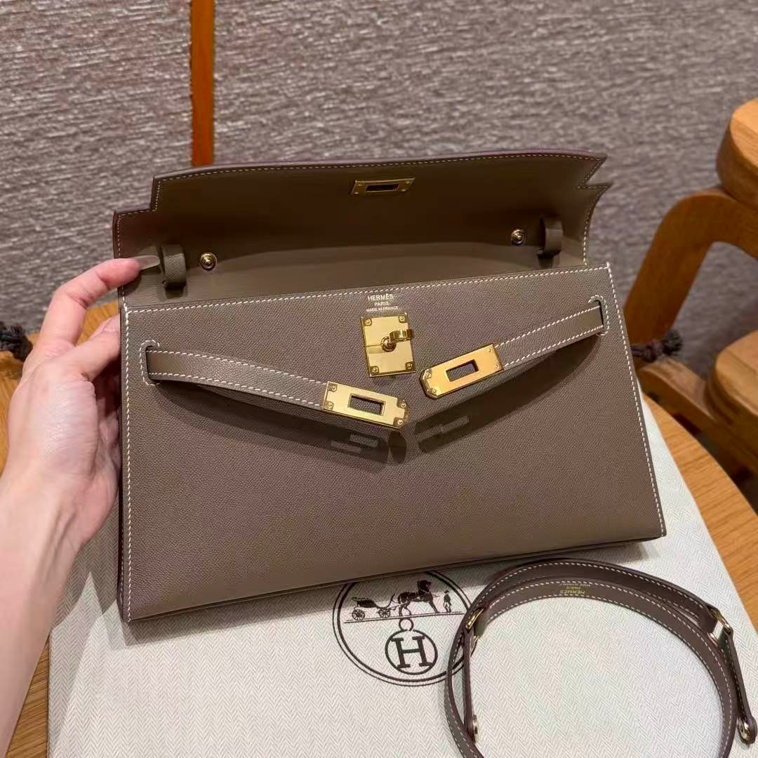 Women Kelly Elan Designer‑Style Bag, Epsom Leather, Gold‑Tone Hardware, Elephant Grey Slim Cross‑Body Shoulder Purse - 图片 4