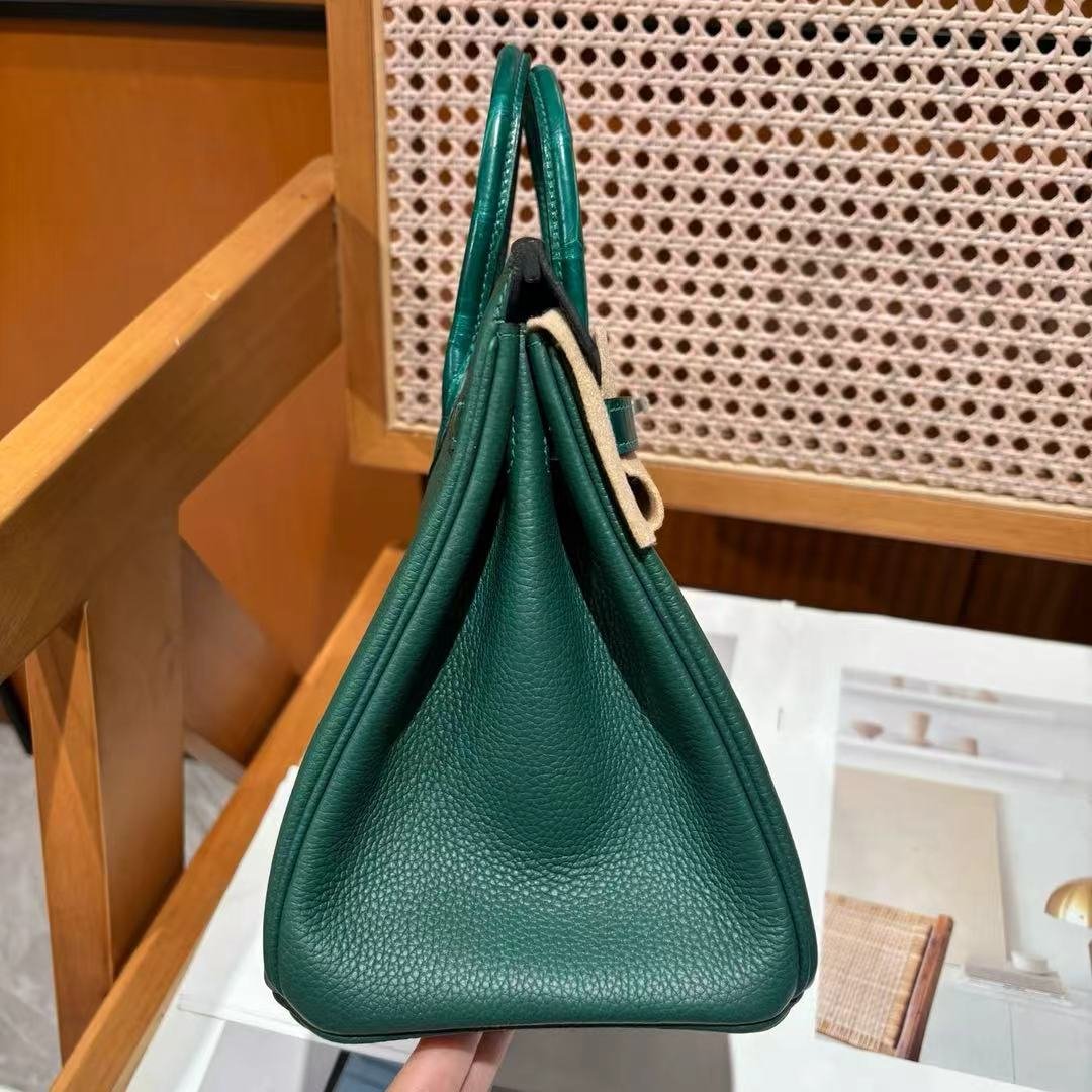 Women's Premium Cowhide Emerald Green Satchel Bag Crocodile Skin Detail Luxury Designer Inspired Birkin Handbag For Daily & Travel - 图片 4