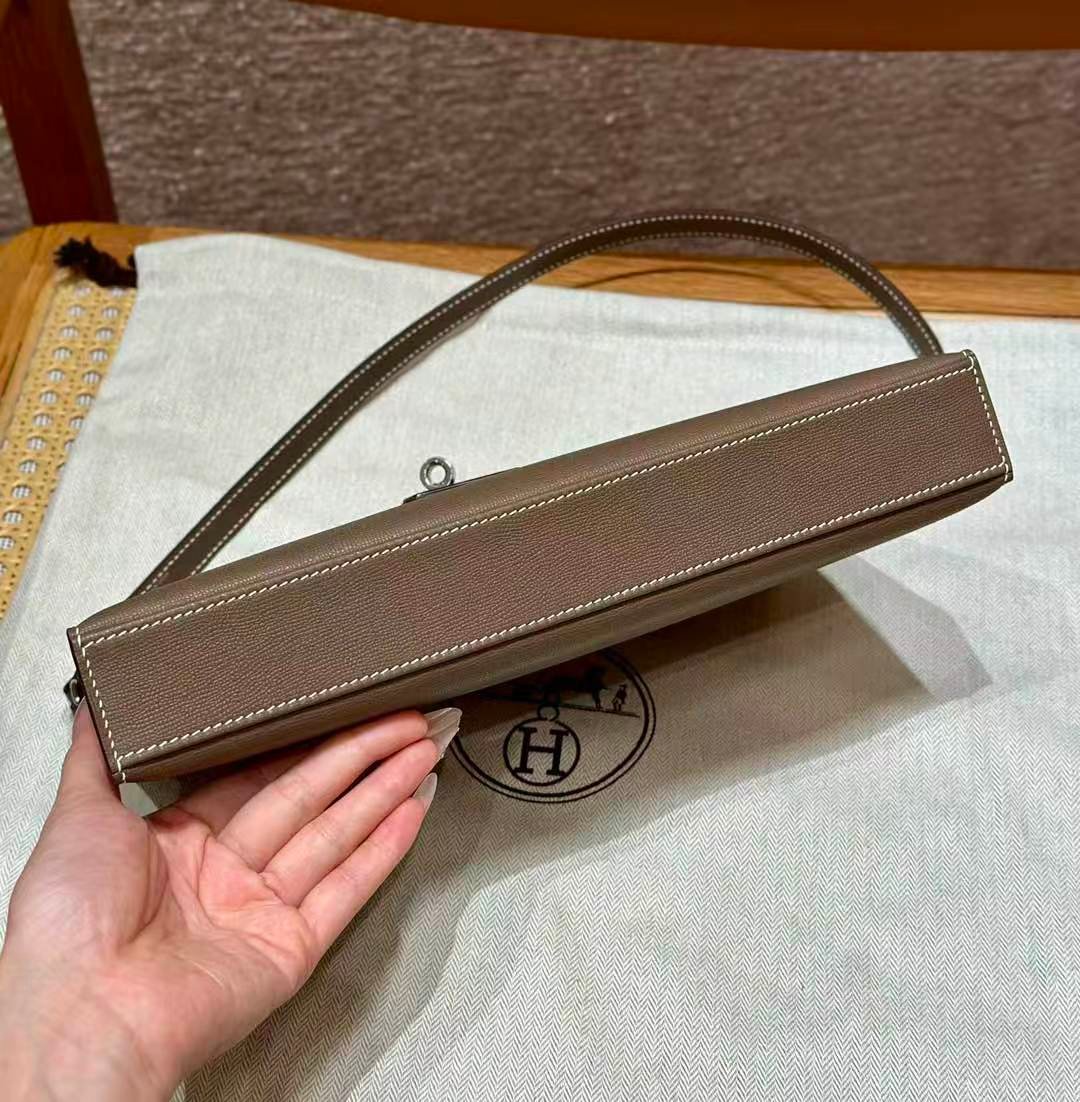 Women Kelly Elan Designer‑Style Bag, Epsom Leather, Gold‑Tone Hardware, Elephant Grey Slim Cross‑Body Shoulder Purse - 图片 6