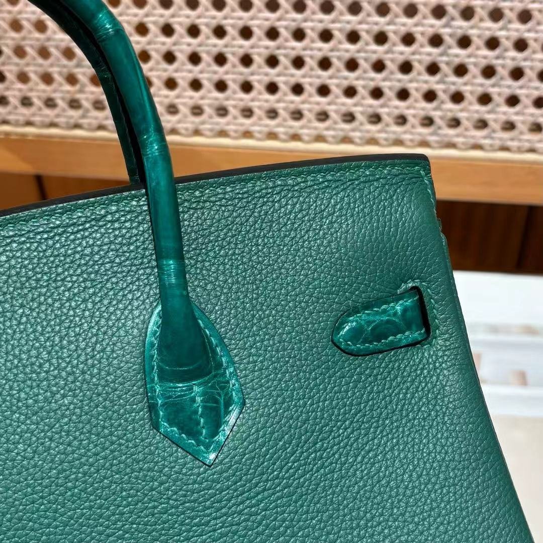 Women's Premium Cowhide Emerald Green Satchel Bag Crocodile Skin Detail Luxury Designer Inspired Birkin Handbag For Daily & Travel - 图片 6