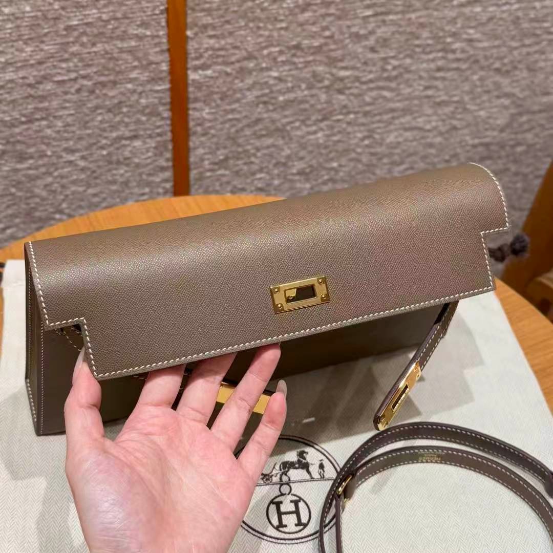 Women Kelly Elan Designer‑Style Bag, Epsom Leather, Gold‑Tone Hardware, Elephant Grey Slim Cross‑Body Shoulder Purse - 图片 5