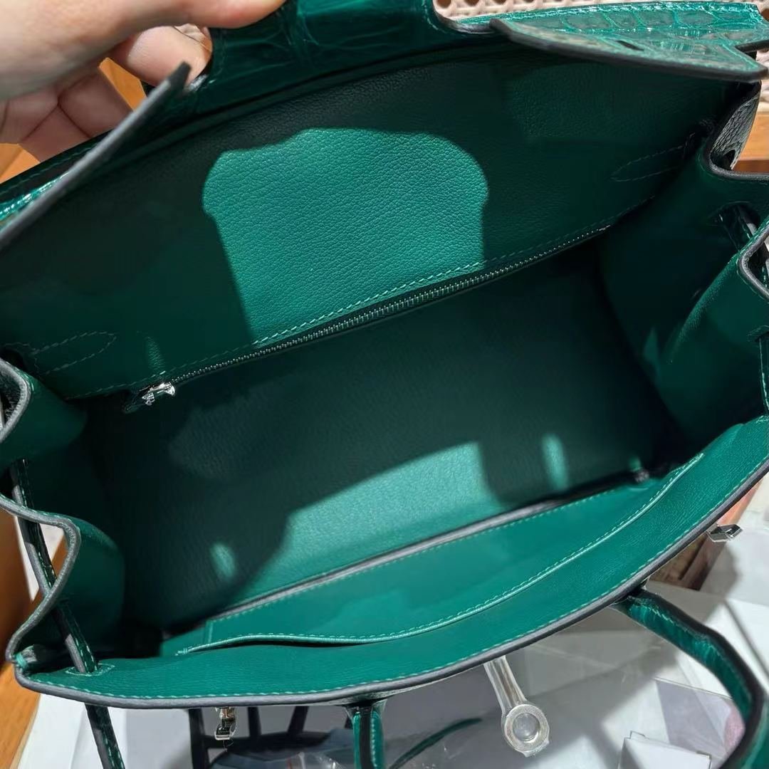 Women's Premium Cowhide Emerald Green Satchel Bag Crocodile Skin Detail Luxury Designer Inspired Birkin Handbag For Daily & Travel - 图片 7