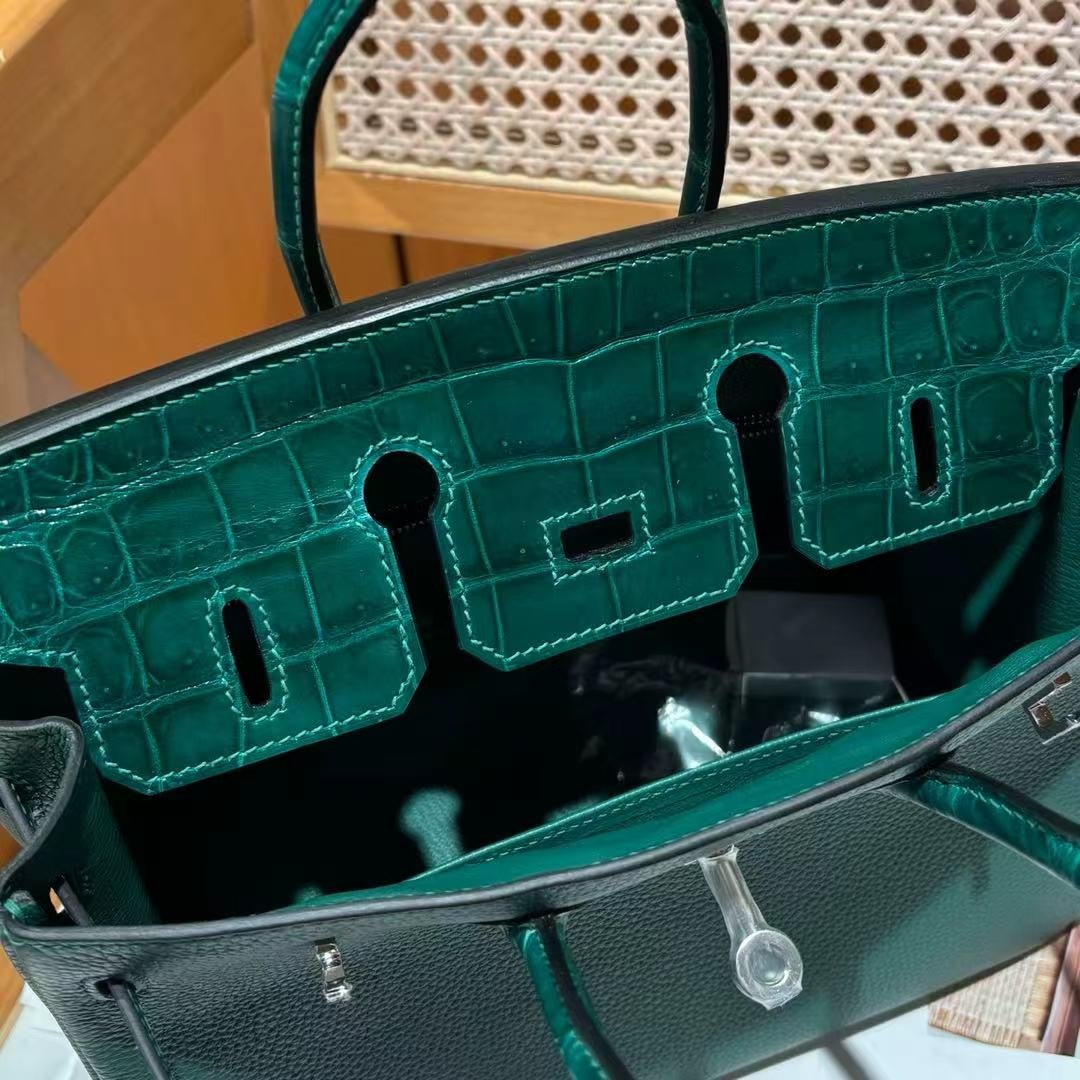 Women's Premium Cowhide Emerald Green Satchel Bag Crocodile Skin Detail Luxury Designer Inspired Birkin Handbag For Daily & Travel - 图片 8
