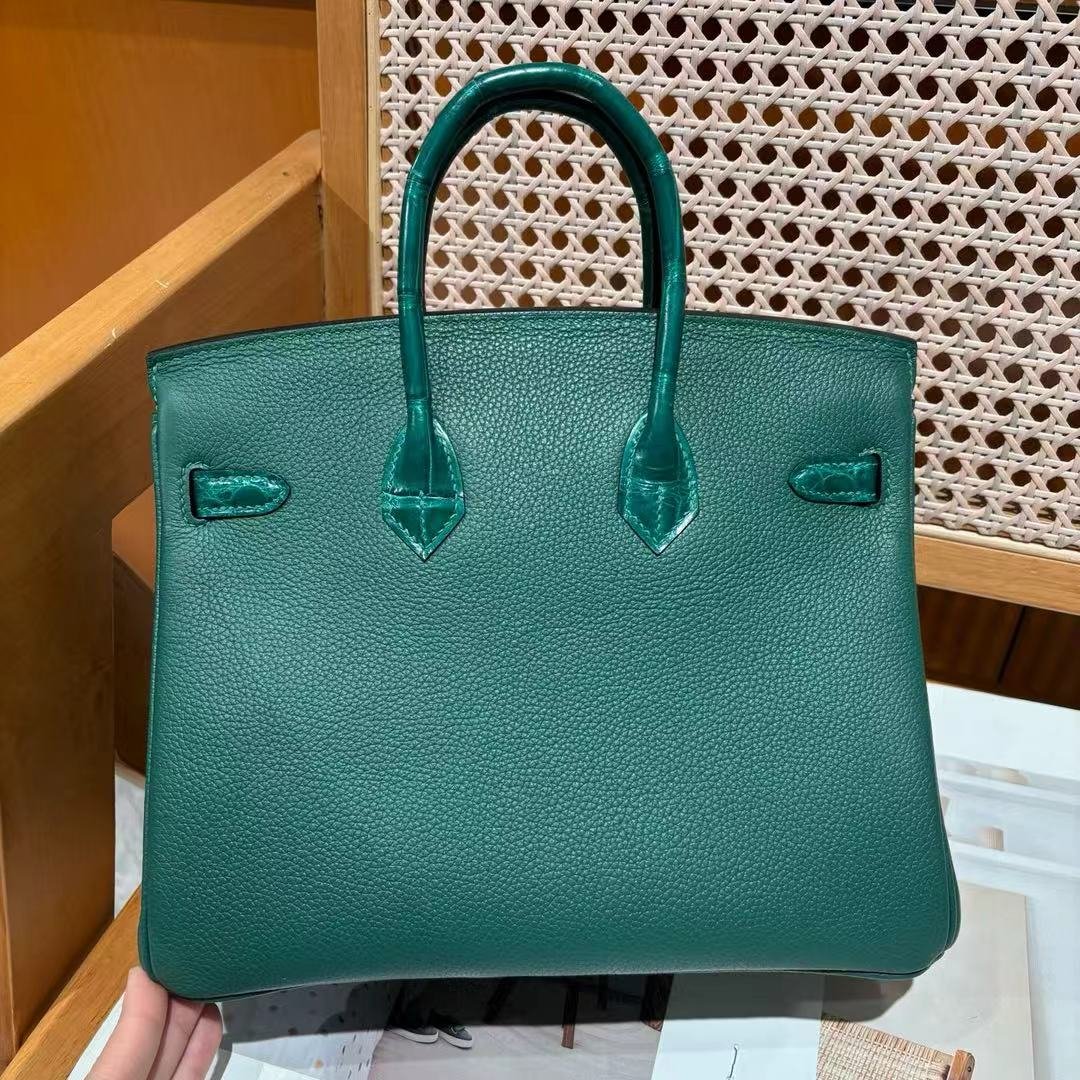 Women's Premium Cowhide Emerald Green Satchel Bag Crocodile Skin Detail Luxury Designer Inspired Birkin Handbag For Daily & Travel - 图片 3