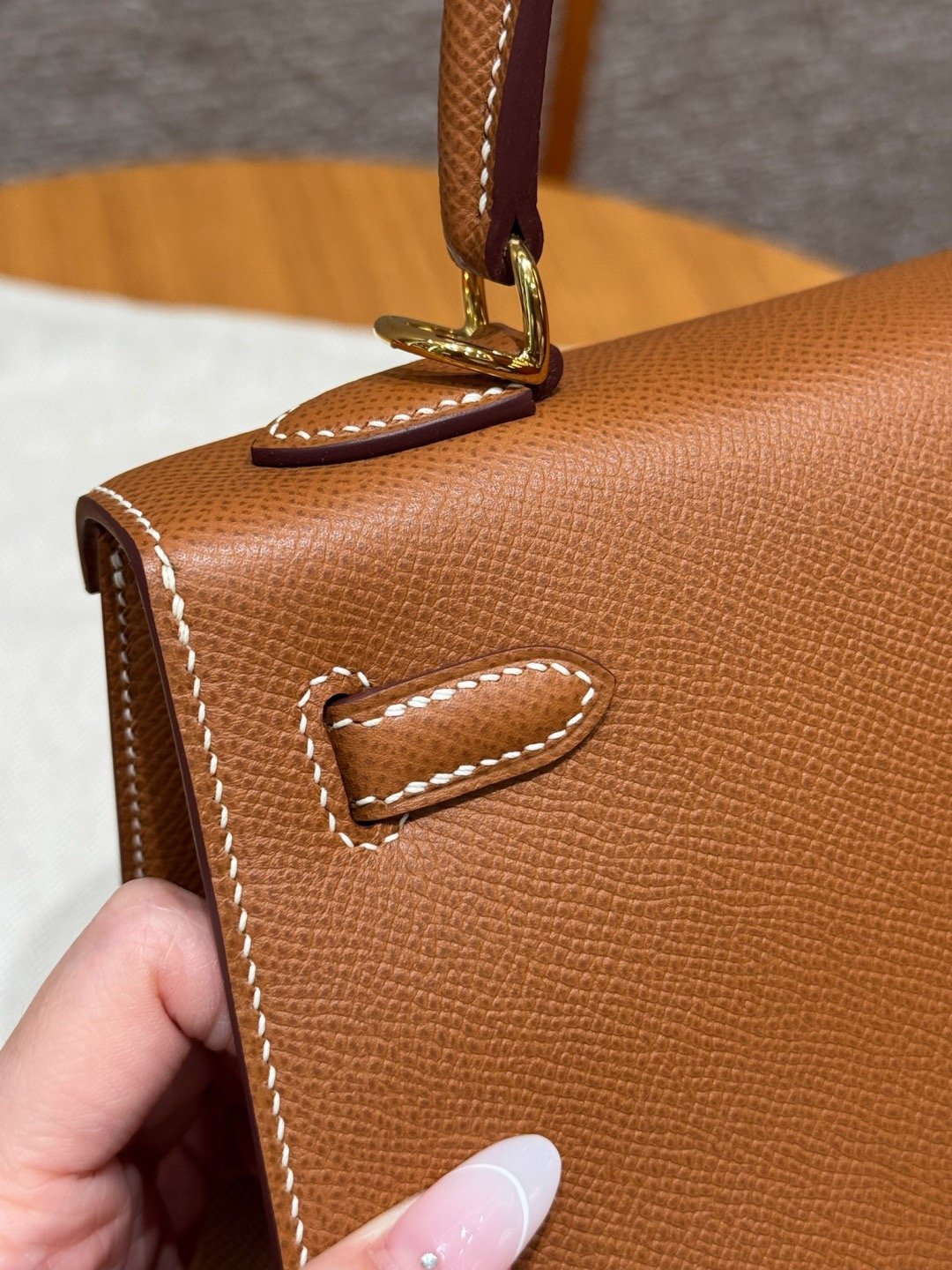 Kelly Epsom leather outer seam, brown, 25cm/9.84in, fully handcrafted - 图片 7