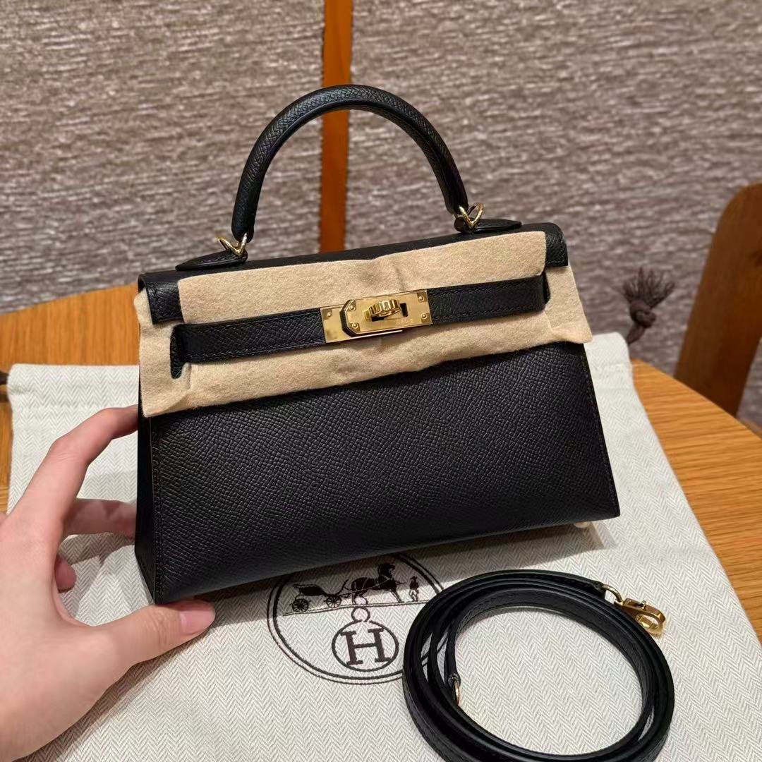 Mini Kelly bag, Epsom, silver hardware, 19 cm, fully handmade