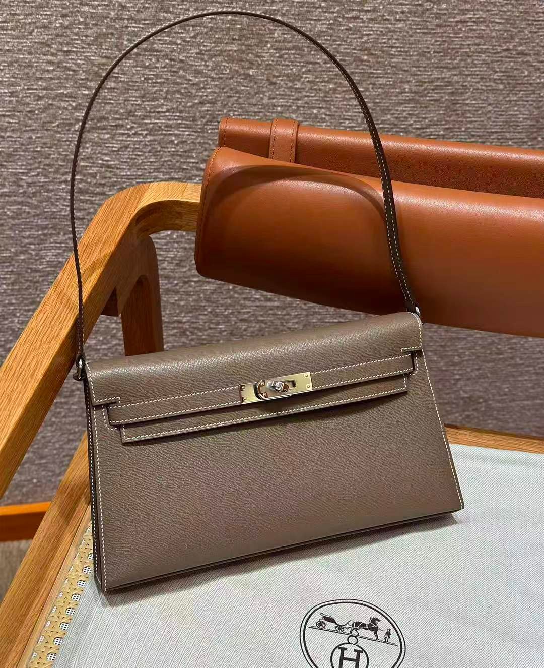 Women Kelly Elan Designer‑Style Bag, Epsom Leather, Gold‑Tone Hardware, Elephant Grey Slim Cross‑Body Shoulder Purse - 图片 8