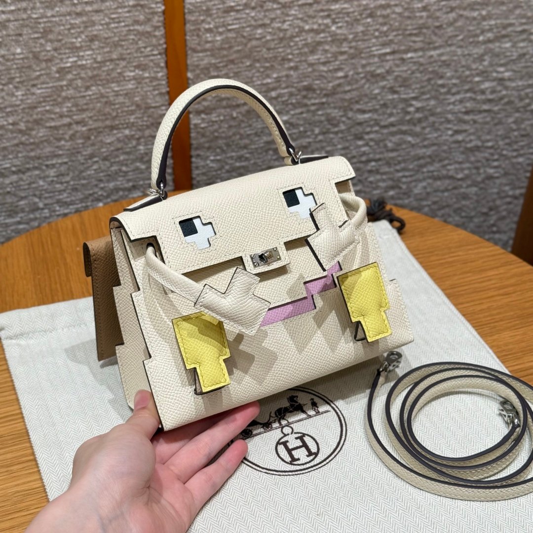 Kelly Dorama mosaic doll bag, 16.5cm / 6.49in, palm print leather, imported original French cowhide, high-end fully handmade exclusive customization