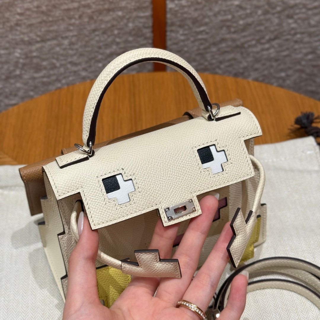 Kelly Dorama mosaic doll bag, 16.5cm / 6.49in, palm print leather, imported original French cowhide, high-end fully handmade exclusive customization - 图片 2