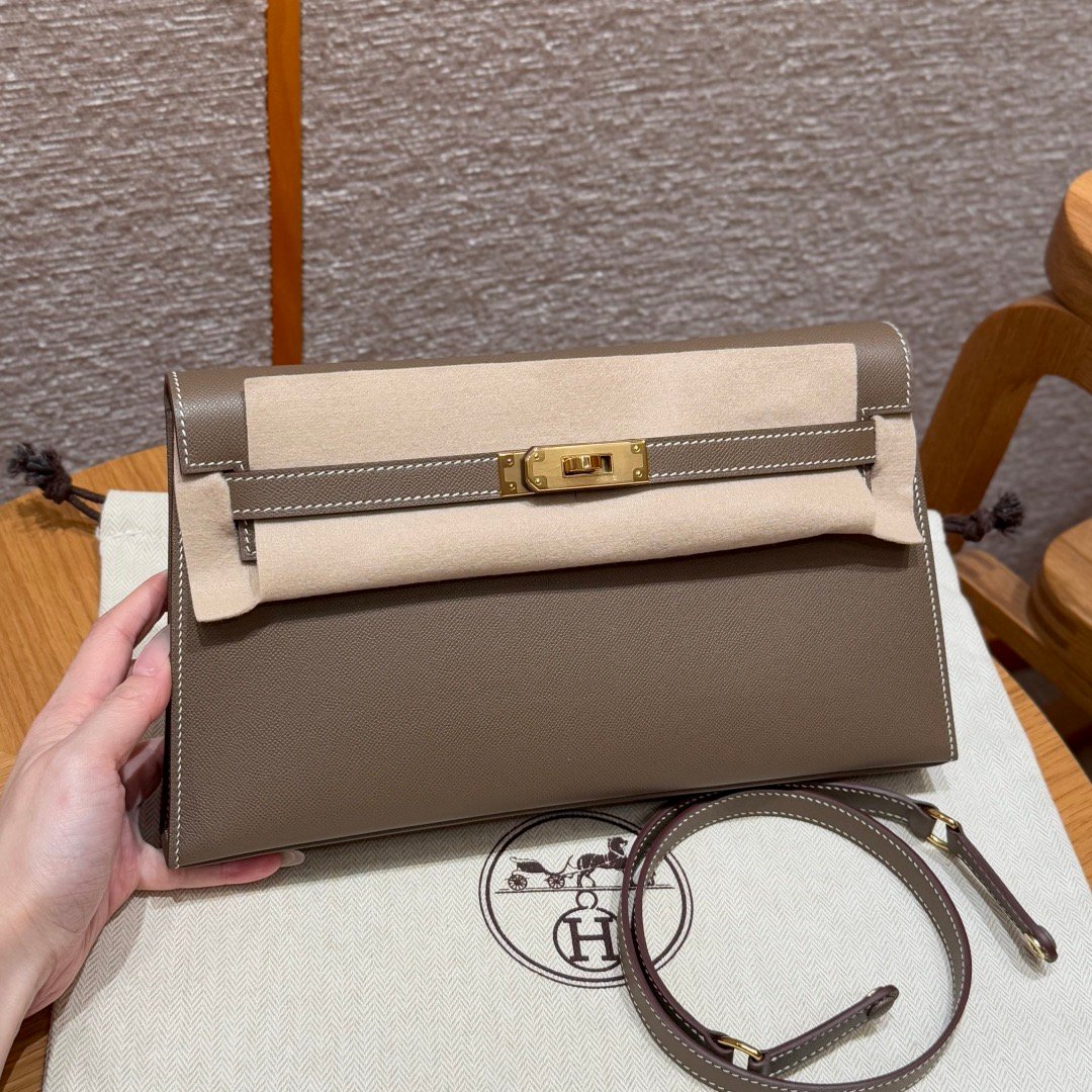Women Kelly Elan Designer‑Style Bag, Epsom Leather, Gold‑Tone Hardware, Elephant Grey Slim Cross‑Body Shoulder Purse