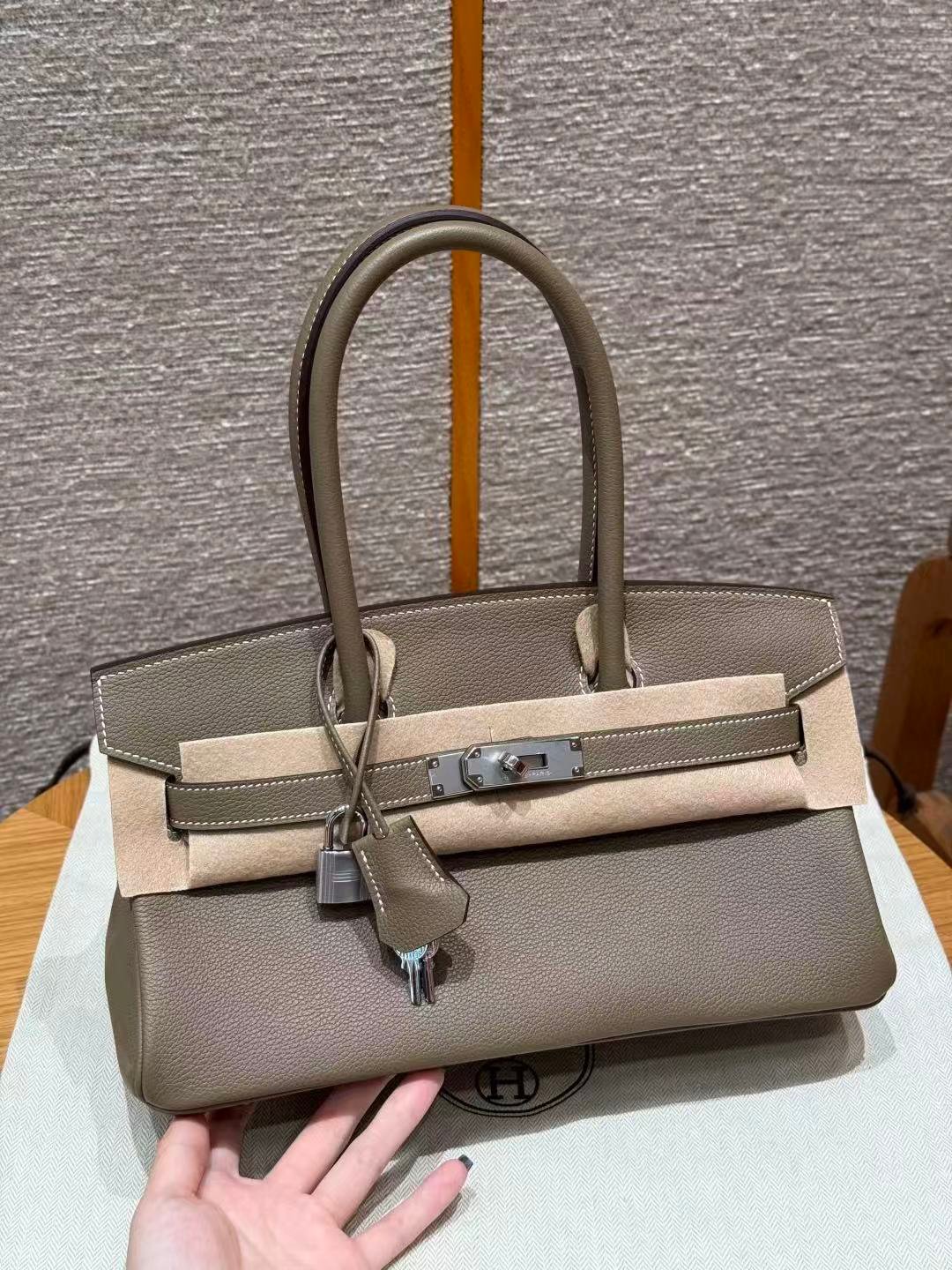 Horizontal style platinum 29cm/11.41in, elephant gray, eve leather, French imported original cowhide, silver buckle, high-end fully handmade exclusive customization‼️