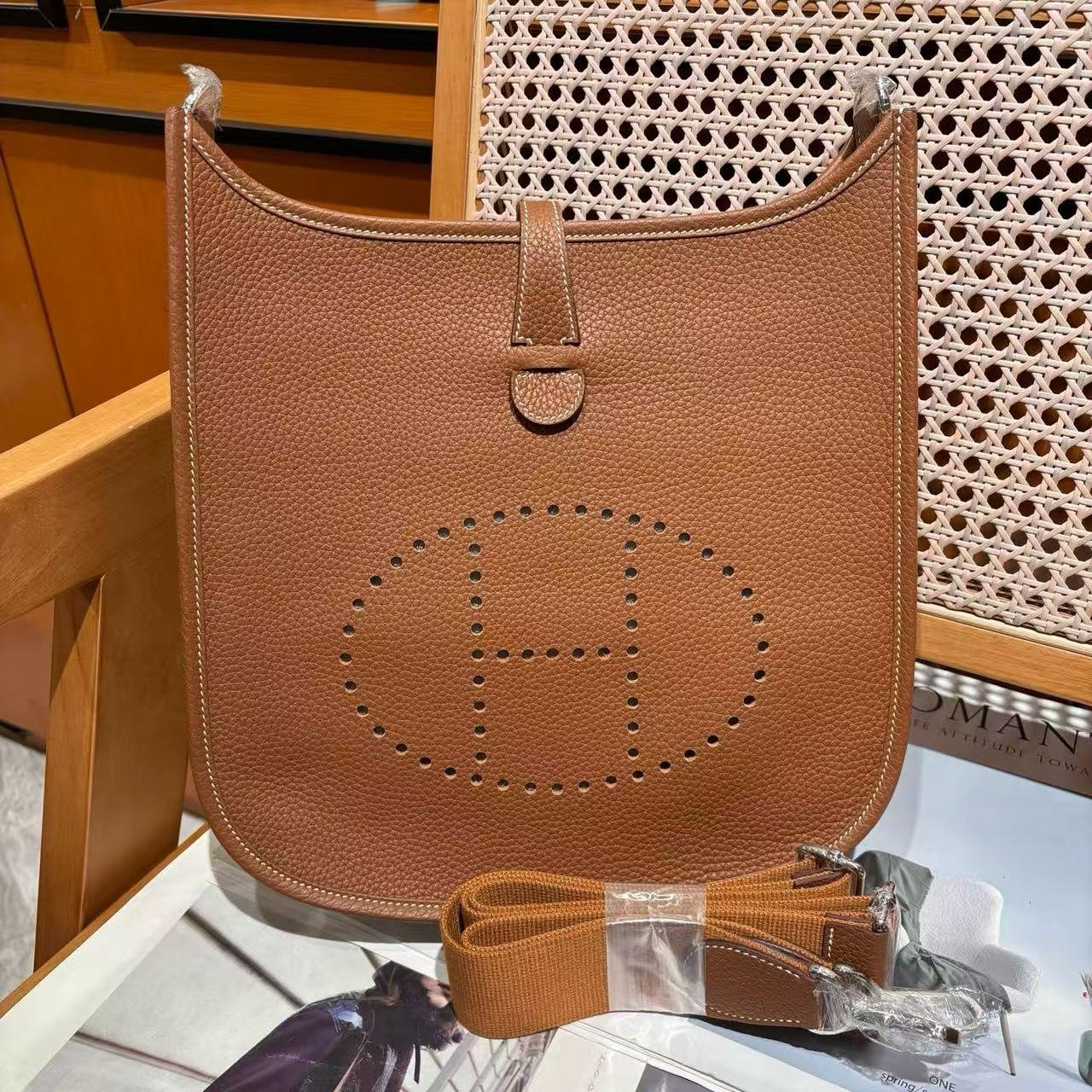 Evelyne III 29 Crossbody Bag, Gold Brown Clemence Leather Shoulder Bag