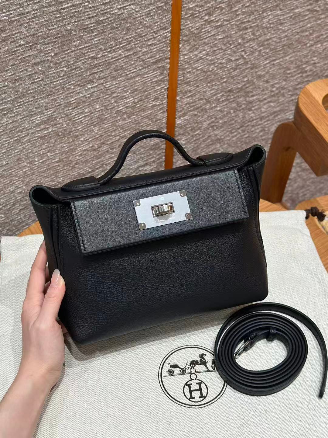 Women 24/24 Designer‑Style Bag, Swift & Taurillon Leather, Silver‑Tone Hardware, Black Top‑Handle Cross‑Body Purse